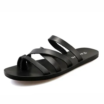 Fashion Flat With Beach Fashion Outside Men s Slippers Leisure Concise Genuine Leather Summer Flip Flops Sewing Solid Men Shoes 38 белый