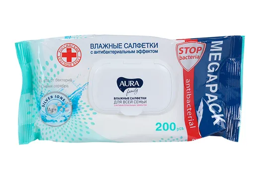 Салфетки Аура влажн Фэмили антибактер эффектом, 200 шт