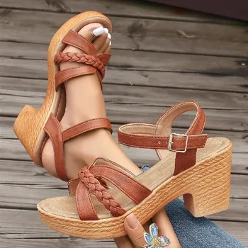 Fashion Summer New Hollow out High Heels Sandals fashion Chunky slipper Woman Outdoor Casual Beach sneakers Trendy comfor buckle Zapatos 36 коричневый