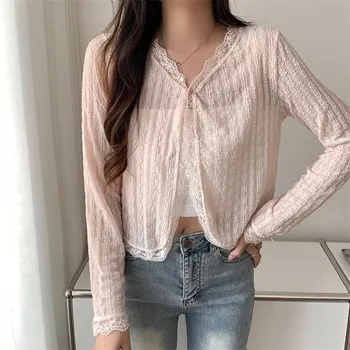 Sweet New Long Sleeve Lace V-neck Blouse Women Elegant Solid Slim Fit Short Tops Women Fashion Thin Summer Vintage Sunscreen Shirts Chic 26124 One size белый