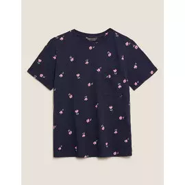 Футболка из чистого хлопка с цветочным принтом и круглым вырезом, Marks&amp;Spencer