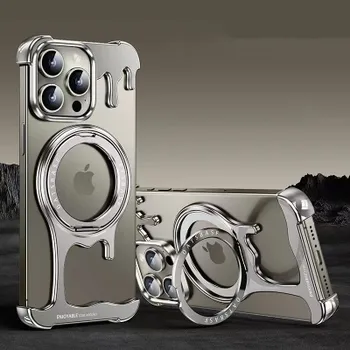 Роскошный чехол-подставка из жидкого металла особой формы для iPhone 16 15 14 13 Pro Max Magsafe Rimless Heat Disipation Phone Cover For iPhone 16 Pro Max чёрный