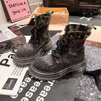 Fashion 2024 Hot Retro Height Increasing Breathable Denim Work Boots New Fashionable Retro British Style Thick Soled Boots for Women 35 верблюд