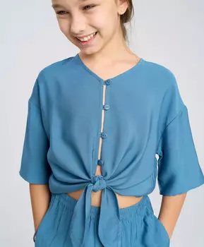 Блузка с коротким рукавом синяя укороченная с узлом для девочки Button Blue