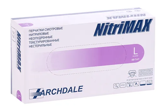 Перчатки ARCHDALE Nitrimax нитрил/смотровые/неопудр/нестерил L, 50 шт, пара сиреневые