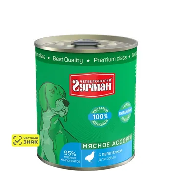 Четвероногий Гурман Консервы для собак Мясное ассорти с перепелкой, 340 г