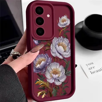 Противоударный чехол с фиолетовым цветочным узором для Samsung S25 S24 S23 S22 Ultra A15 A55 A35 A34 A06 A05 A53 A54, мягкий силиконовый матовый защитный чехол для линз Samsung S25 чёрный