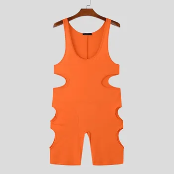 INCERUN Men Deep U Neck Sleeveless Hollow Bodysuits Fitted Home Jumpsuits XL чёрный