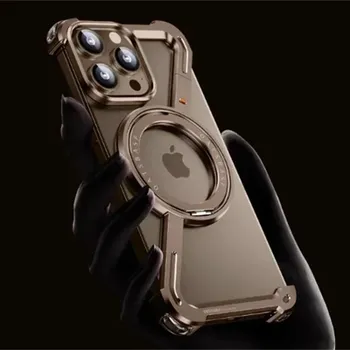 Роскошный магнитный металлический чехол для телефона Magsafe для iPhone 16 15 14 13 Pro Max Z-образный бампер с вращением на 360°, защитный чехол For iPhone 15 Pro Max чёрный