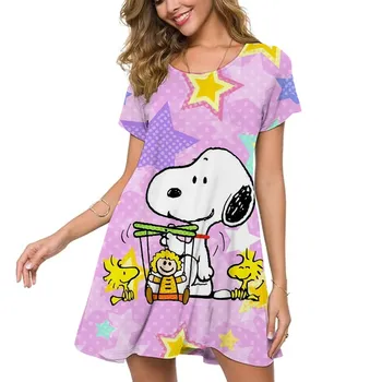 Летнее пляжное платье для отпуска Snoopy с 3D принтом для женщин, свободная одежда большого размера с коротким рукавом, Повседневное платье с круглым вырезом