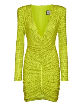 Мини-платье с подкладкой на плечах LS Fluo Strass PHILIPP PLEIN, цвет yellow fluo