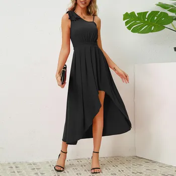 VEZFAA Women s Fashion Summer Spring Solid Color Print Sleeveless Oblique Collar Middle Waistline Casual Dresses S зелёный