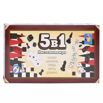 Игра настольная 5в1 - Шашки/шахматы/нарды/карты/домино, на магните
