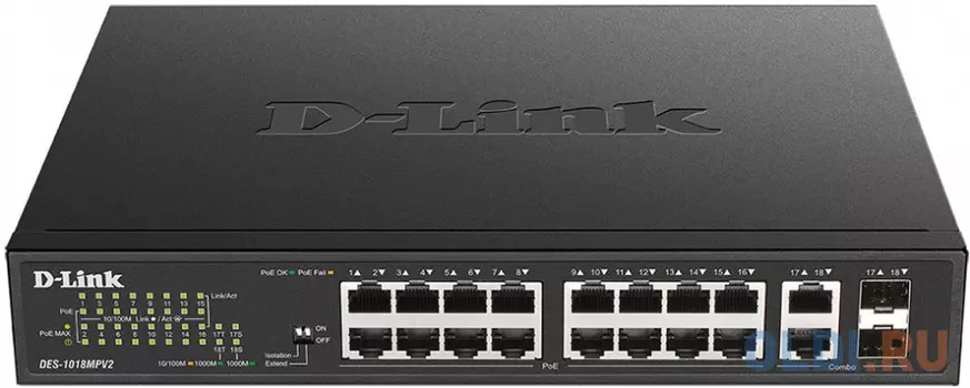Коммутатор D-Link DES-1018MPV2 16x100Mb 2G 16PoE+ 247W неуправляемый