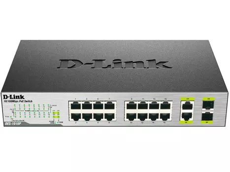 Коммутатор D-Link DES-1018P/A1A Неуправляемый коммутатор с 16 портами 10/100BASE-TX (8 портов с поддержкой PoE) и 2 комбо-портами 10/100/1000BASE-T/SF