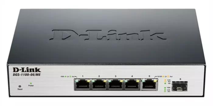 Коммутатор D-Link DGS-1100-06/ME/A1B Управляемый коммутатор 2 уровня с 5 портами 10/100/1000Base-T и 1 портом 100/1000Base-X SFP