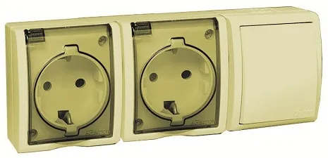 Блок Simon 1594526-031 Aqua Бежевый, розетка 2-я 2P+E Schuko 16А 250В + выкл.проход.10А 250В, IP54