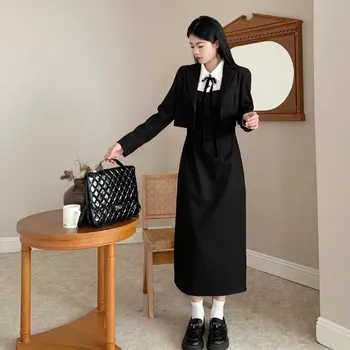 Костюм женский короткий из блейзера и платья, осень