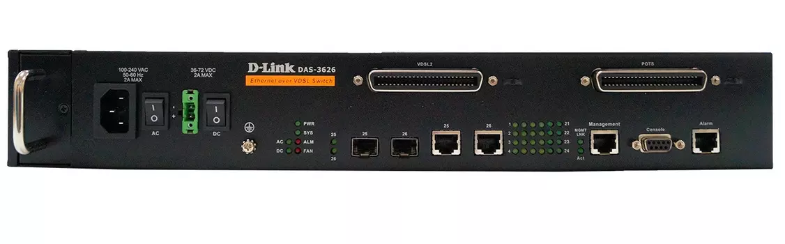 Коммутатор D-link DAS-3626/A1A VDSL2 IP DSLAM с 24 VDSL-портами и 2 комбо-портами 1000BaseT/SFP