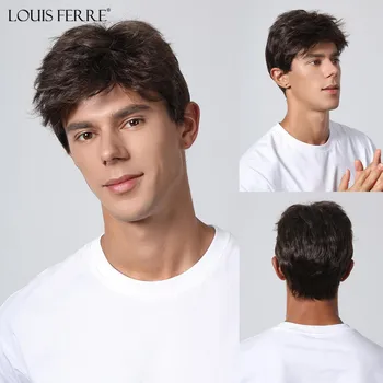 LOUIS FERRE Темно-коричневый короткий парик для мужчин, синтетический многослойный парик с боковой частью, естественный вид, синтетические волосы для ежедневного использования