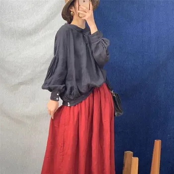Johnature Vintage Mori Свободные однотонные женские топы Блузки с рукавами-фонариками Рубашки на пуговицах One Size хаки