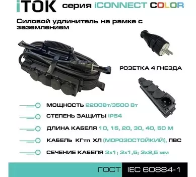 Удлинитель силовой iTOK i-CONNECT-COLOR-SUR-KG-315-4-54-10-BLACK тип SUR серии iCONNECT COLOR на рамке с заземлением КГтп-ХЛ 3х1,5 мм 4 гнезда IP54 ГО