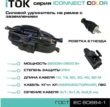 Удлинитель силовой iTOK i-CONNECT-COLOR-SUR-KG-315-2-54-10-BLACK тип SUR серии iCONNECT COLOR на рамке с заземлением КГтп-ХЛ 3х1,5 мм 2 гнезда IP54 ГО