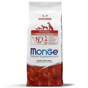 Monge Dog Speciality Line Puppy & Junior полнорационный сухой корм для щенков, с ягненком и рисом повседневный супер премиум для щенков с ягненком для всех пород мешок Импортный корм 1 уп. х 1 шт. х 12 кг