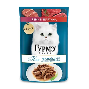 Гурмэ Перл Мясной Дуэт полнорационный влажный корм для кошек, с языком и телятиной, кусочки в соусе, в паучах - 75 г повседневный супер премиум для взрослых с языком для всех пород паучи Российский корм 1 уп. х 26 шт. х 1.95 кг