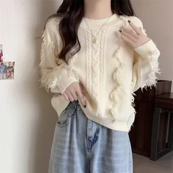Короткий свитер с круглым вырезом Tassel Sensation, свободный новый свитер для ленивых и повседневных дел M хаки