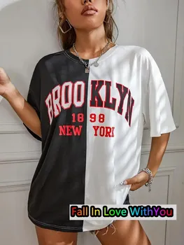 Женская футболка с цветными блоками и объемным принтом Brooklyn Letter 3D Harajuku O-образным вырезом свободного покроя с коротким рукавом, трендовая уличная одежда 2000 года S