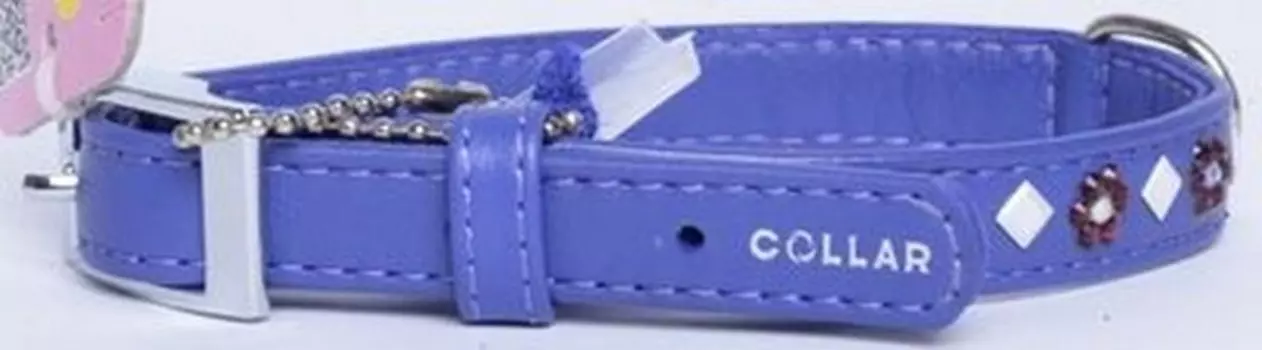 CoLLaR Glamour / Ошейник Колар для собак Кожаный Двойной Прошитый с клеевыми стразами "Цветочек" и "Ромб" 27-36см х 15мм