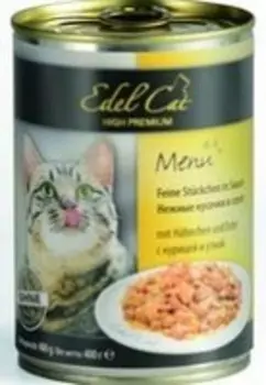 Edel Cat / Влажный корм Консервы Эдель Кэт для кошек нежные кусочки в соусе с Курицей и Уткой (цена за упаковку, Россия)