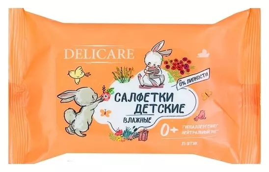 Влажные салфетки Delicare для детей зайчики, 15 шт в упак.