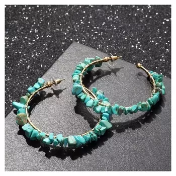 Серьги-кольца "Природа" камни, D=6,5 см, цвет бирюзовый в золоте