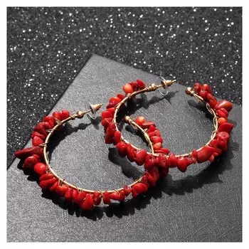 Серьги-кольца "Природа" камни, D=6,5 см, цвет красный в золоте