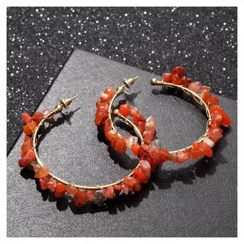 Серьги-кольца "Природа" камни, D=6,5 см, цвет янтарный в золоте