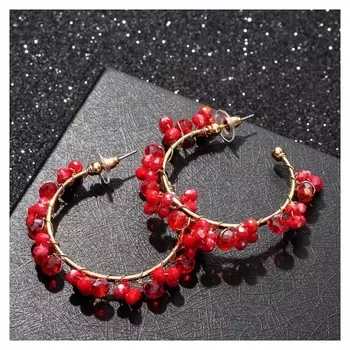 Серьги-кольца "Природа" кристаллы бусины, D=6 см, цвет красный в золоте