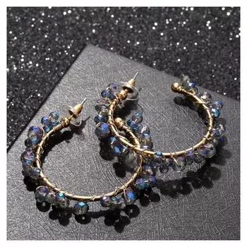 Серьги-кольца "Природа" кристаллы бусины, D=6 см, цвет сине-зелёный в золоте