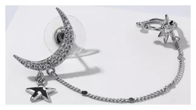 Серьга "Каффа" месяц на цепочке, цвет белый в серебре