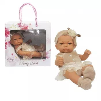 Пупс Baby Doll в бежевом платьице, пинетках и шапочке с бантиком, 25 см