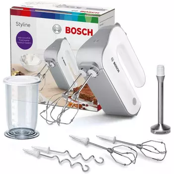 Bosch Hausgerte Ручной миксер Bosch Styline MFQ4075DE / 550 Вт / 5 скоростей / 2 венчика, 2 крюка для теста / стакан 700 мл / нержавеющая сталь