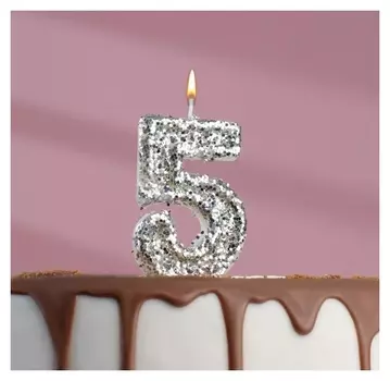 Свеча в торт «Блестки», цифра "5", серебро, 6.5х4