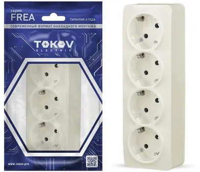 Розетка TOKOV ELECTRIC Frea, открытая, 4-х постовая, с з/к, 16А, в сборе, IP20, бежевый (TKE-FR-R4Z-C02)