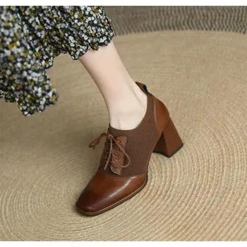 Новые женские весенне-осенние ботильоны на высоком толстом каблуке, коричневые вязаные маленькие кожаные туфли в британском стиле на шнуровке 35