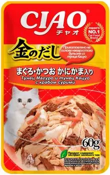 Влажный корм для кошек Ciao Kin no dashi Тунец Магуро и тунец Кацуо с крабом сурими 60г