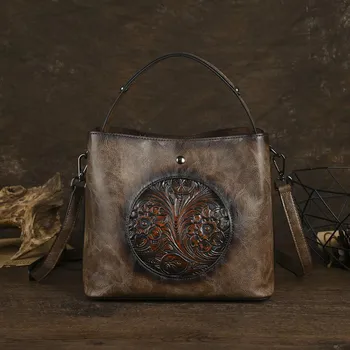 Сумка Johnature Vintage Handbag Hand Embossed женская сумка-ведро большой вместимости универсальные сумки через плечо кофейный