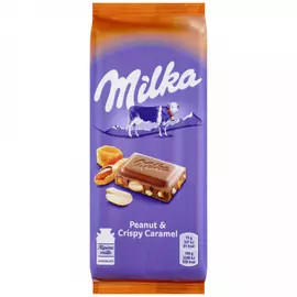 Шоколад Milka молочный с арахисом кусочками хрустящей карамели рисовыми шариками и кукурузными хлопьями 90 г