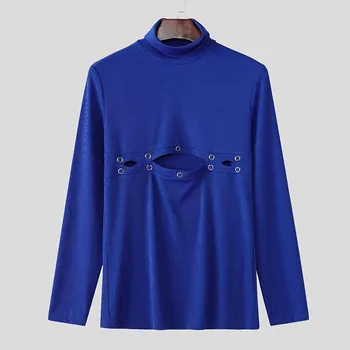 INCERUN Men Turtleneck Long Sleeve Hollow Tops Slim T-shirts L чёрный