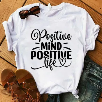 Футболка с принтом Positive Mind Positive Life для женщин и мужчин, летняя, повседневная, с коротким рукавом и круглым вырезом, модные футболки M чёрный